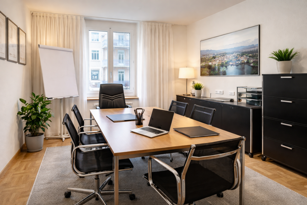Büroraum des Treuhandbüros Ivanova in Zürich (Kreis 3) mit Besprechungstisch für Kundengespräche